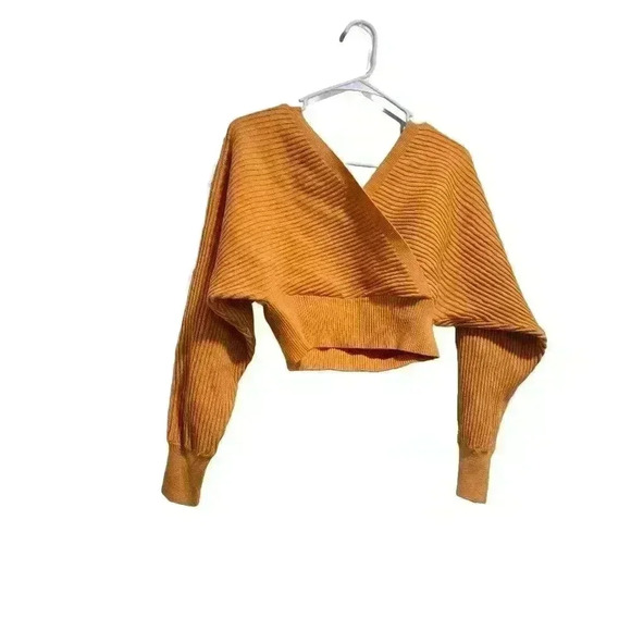 Forever 21 Mustard Yellow Ribbed Wrap Sweater - Size Small - Picture 3 of 6